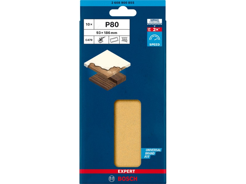 Brusni papir EXPERT Bosch z 8 luknjami za vibracijske brusilnike, Dimenzije: 93x186mm, Zrnatost: 80, 2608900855
